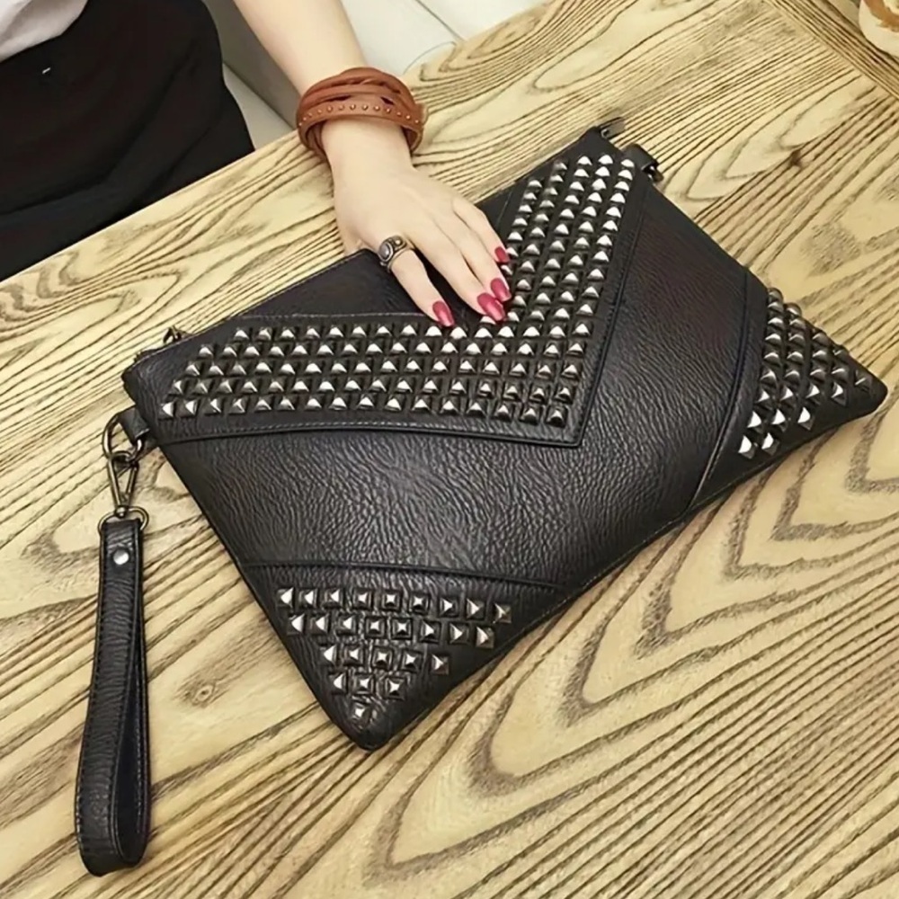 Black Studded Leather Envelope Clutch - Unbranded